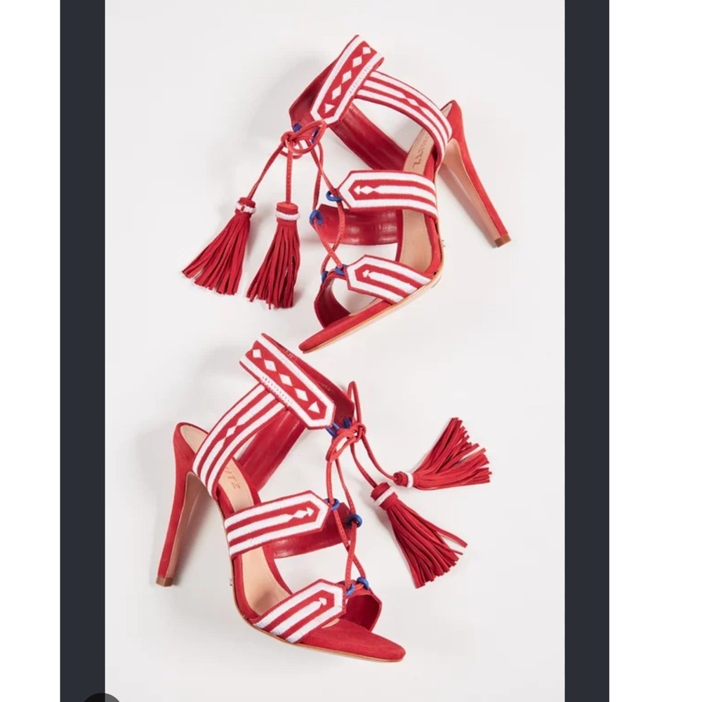 Schutz Women's Eurica Red Suede Embroidered Tassel Lace Up Stiletto Sandals- 10